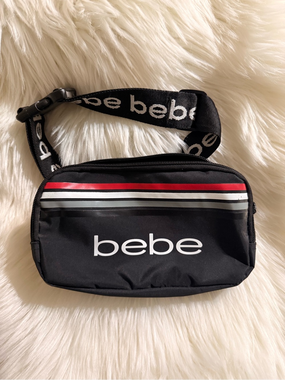 bebe Black Belt Bag with Red and Gray Stripes